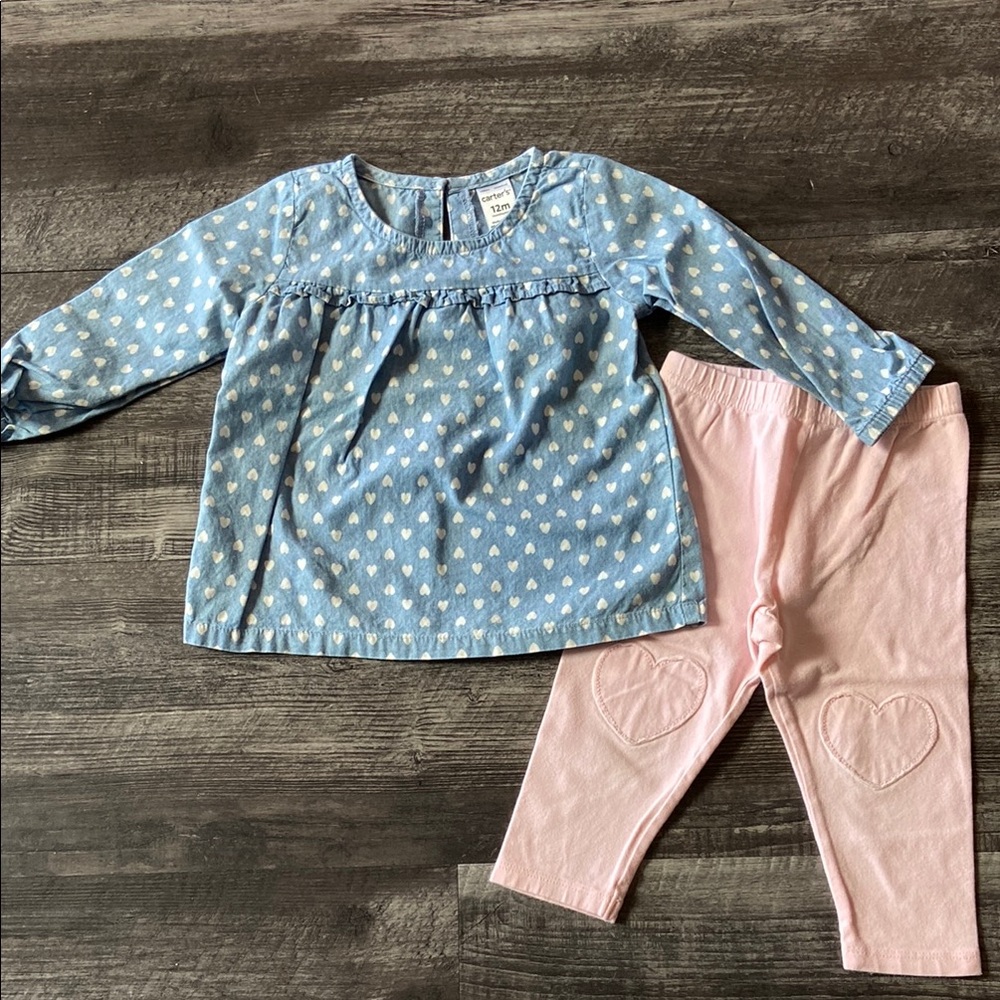 Carter's Blue Heart Print Top with Pink Heart Patch Leggings